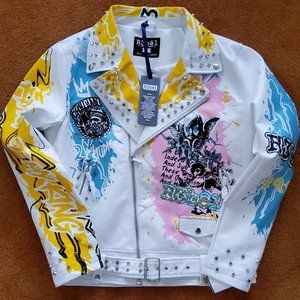 NWT MENS  R3BEL Biker Jacket White Cherub Biker Jacket